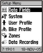 GARMIN Edge 205 setup menu