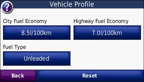 GARMIN Nuvi 765T - Vehicle profile for ecoRoute