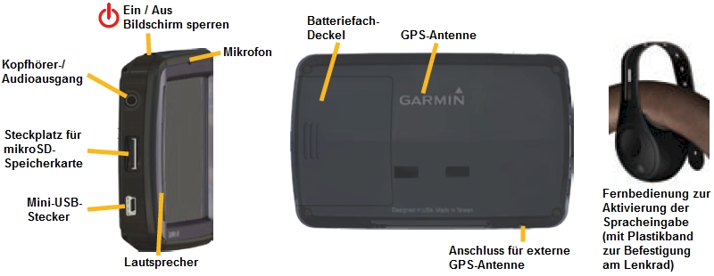 Ansicht GARMIN Nuvi 865T inklusive Fernsteuerung fuer Spracheingabe