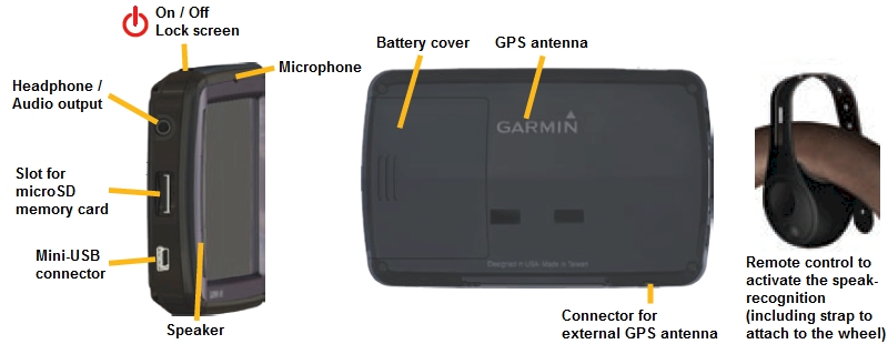 Overview GARMIN Nuvi 865T including remote control for speak recognition