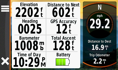 GARMIN Oregon 600 series - Trip Computer with small data fields (landscape mode)
